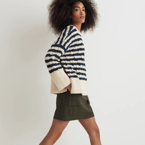 NEW Madewell Cable Knit Oversized Nautical Ecru Navy Stripe Stripe Sweater - Picture 4 of 12